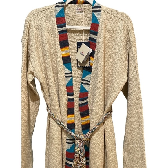 Faherty Cardigan Size Medium Large Aztec Tie Fringe Ivory Sweater - Picture 3 of 10